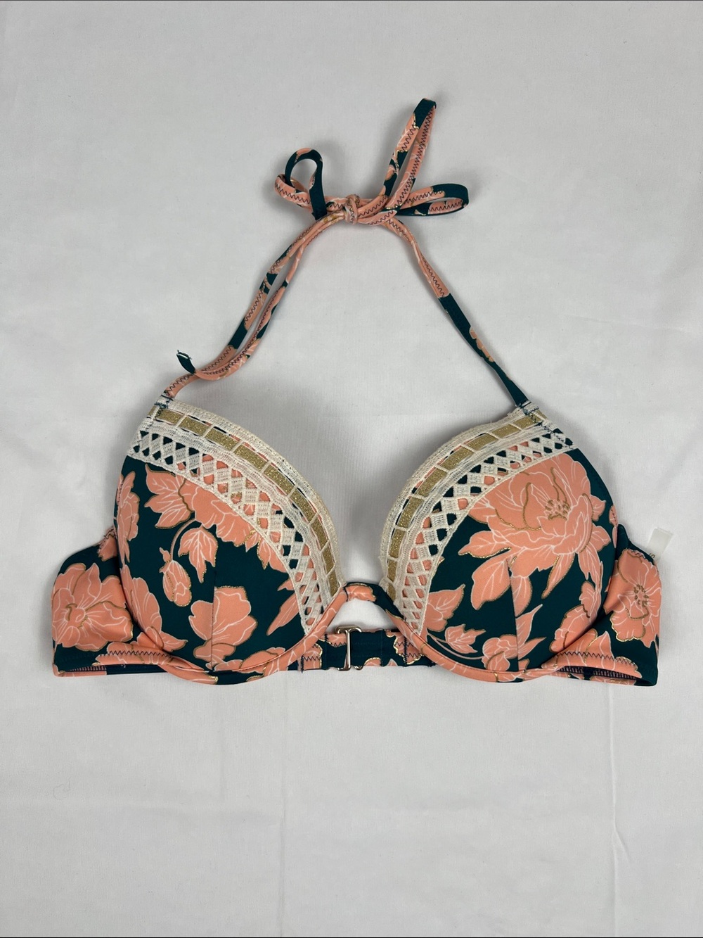 Shade & Shore Coral/Teal Floral Halter Bikini Top Size 36B